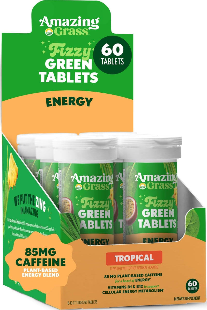 Amazing Grass Fizzy Green Energy Tablets, Caffeinated, Tropical, 60 Count | Effervescent Greens Tablet with 85mg Plant-Based Caffeine, 1 Serving of Fruits & Veggies, Vitamins B1 & B12 Energizing Tropical 10 Count (Pack of 6)