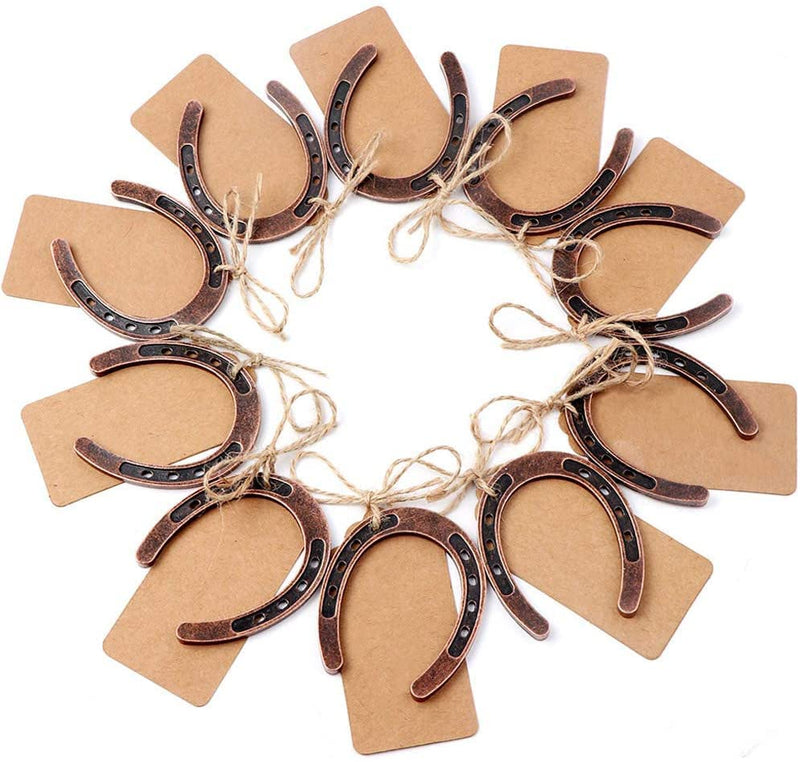 AerWo 20pcs Good Lucky Horse Shoes with Kraft Tag, Metal Mini Craft Horseshoes Decorations for Rustic Vintage Wedding Party Decor Western Party Decorations