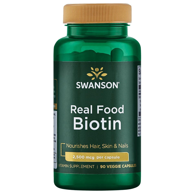 Swanson Real Food Biotin B-7 5000 mcg, 90 Veggie Capsules | Biotin Supports Hair, Skin, Nails, Energy and Metabolism, Delivering 8x the Daily Value from Real Food Nutrition