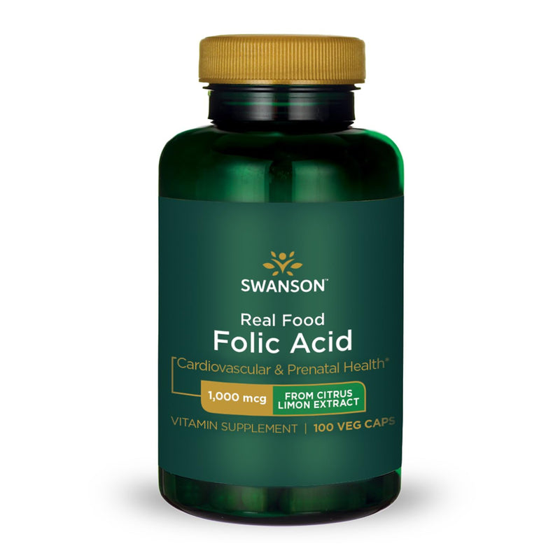 Swanson Real Food Folic Acid Folate Vitamin B-9 Cardiovascular Prenatal Health from Citrus Limon Extract Vegan Gluten-Free Non-GMO B9 1000 mcg 100 Veggie Capsules (Caps) | Prenatal and Cardiovascular Support from Citrus Limon Extract, Real Food Nutriti...