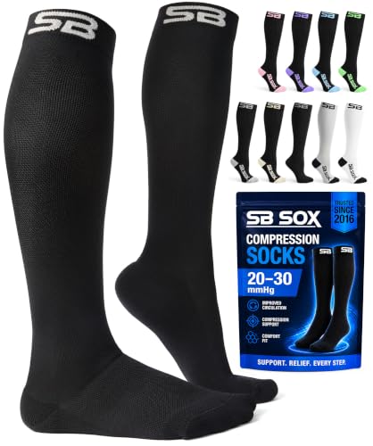 SB SOX Compression Socks for Men & Women (20-30mmHg) Large Solid Black