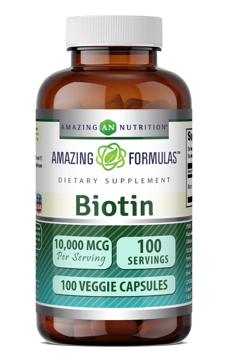 Amazing Formulas Biotin 10000 mcg Veggie Capsules | Vitamin B7 Supplement | Non-GMO | Gluten Free | Made in USA (1 Pack | 100 Count) 1 Pack | 100 Count