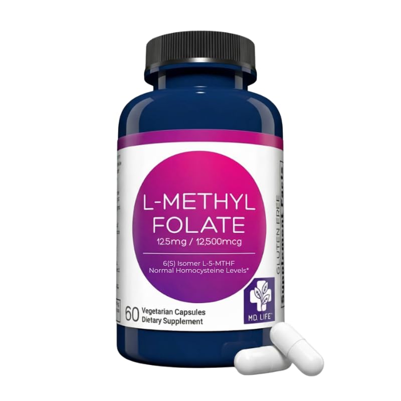 MD Life L-Methylfolate 12.5 mg Supplement - Professional-Grade Active LMethylfolate Supplement - 60 Capsules - L-Methylfolate 12.5mg - Maximum Potency MTHFR W/Essential Amino Acids 12.5mg 60 Count