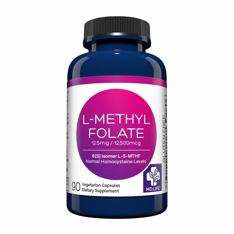 MD Life L Methylfolate 12.5mg - Professional-Grade Active Methylfolate Supplement - Maximum Potency MTHFR Supplements - L methylfolate 12.5mg 90 Capsules - Essential Amino Acids 12.5mg 30 Count