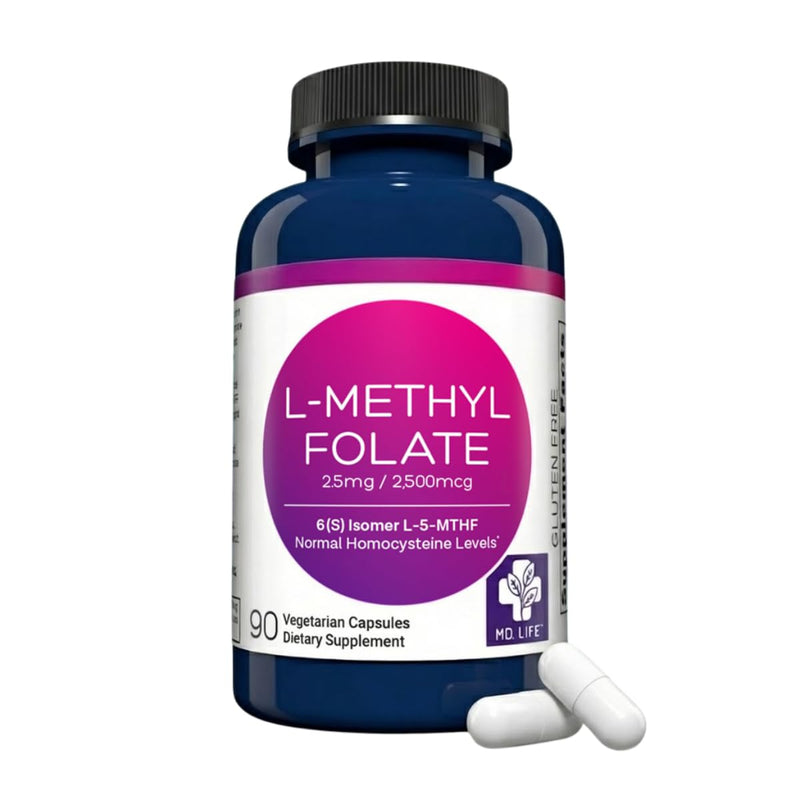 MD. Life L-Methylfolate 2.5 mg, Professional Grade, 90 Capsules, 5-MTHF | Active L-Methylfolate Supplement with Essential Amino Acids - Maximum Potency MTHFR Support - Doctor Designed - Made in USA