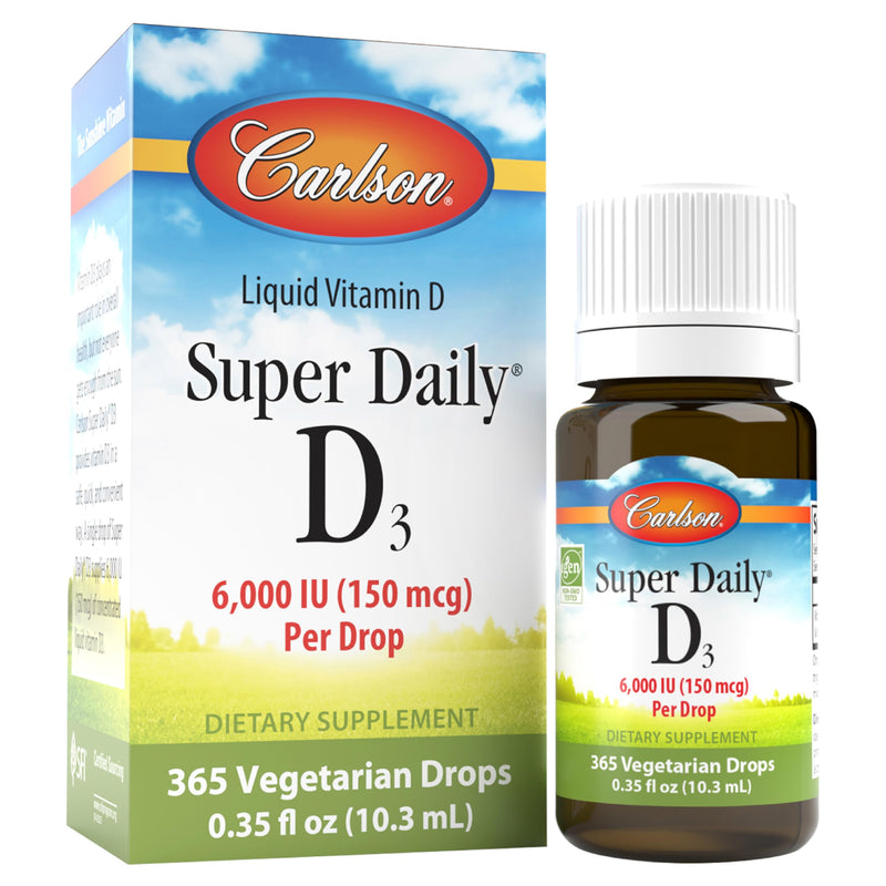 Carlson Super Daily D3, 6000 IU (150 mcg), 365 Vegetarian Drops (10.3 mL) | Unflavored; per Drop; Liquid Vitamin D3; 1-Year Supply; Non-GMO