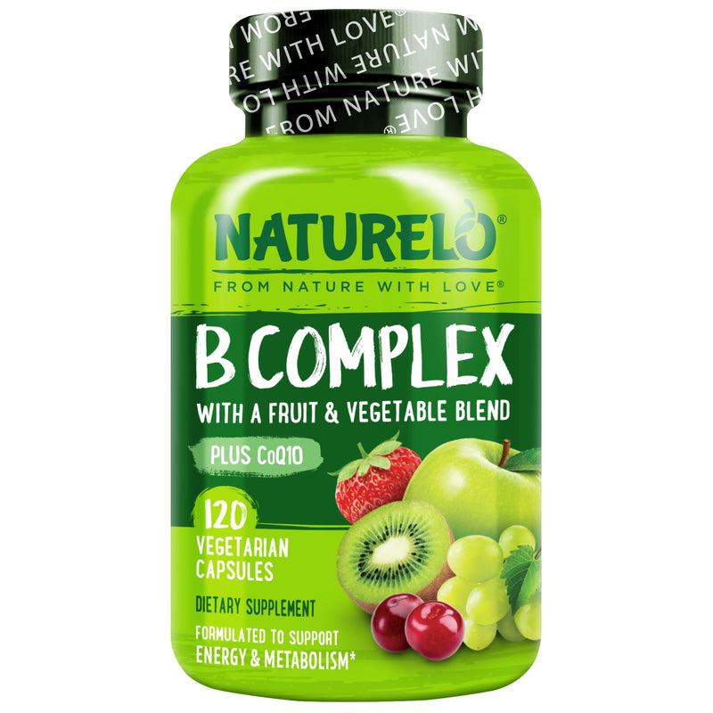 NATURELO Vitamin B Complex, 120 Capsules, Vegan, CoQ10, Methyl Folate | Biotin, Fruit & Vegetable Blend, Supports Energy And Healthy Stress Response, Super B Complex Vitamins for Women and Men 120 Count (Pack of 1)