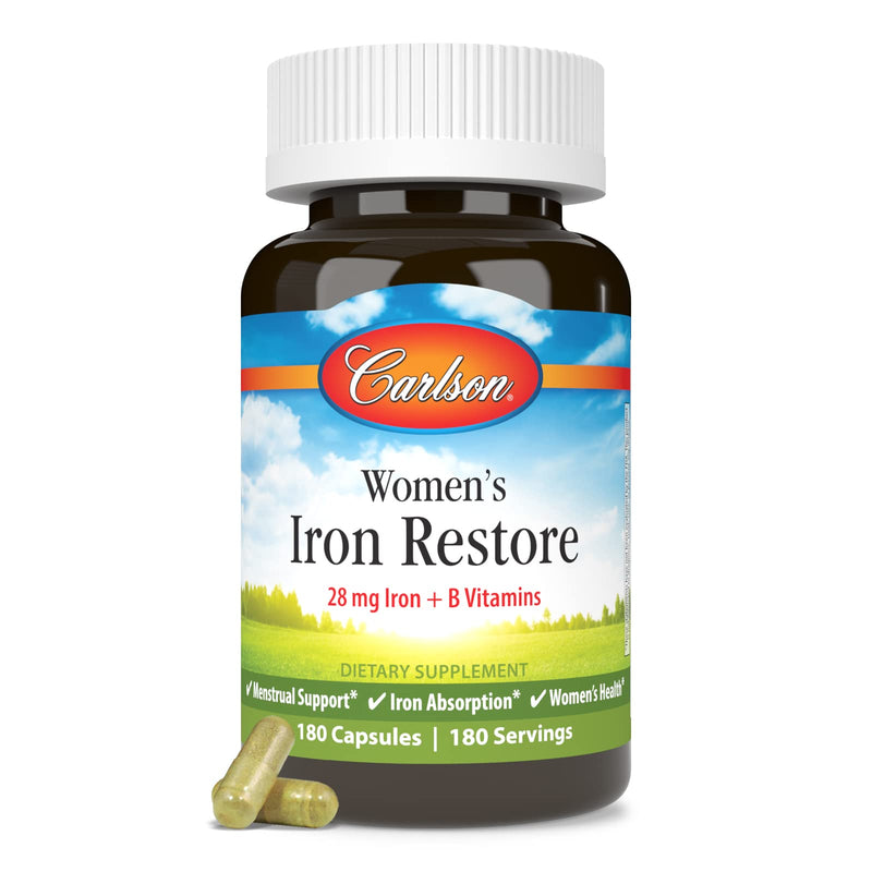 Carlson Women's Iron Restore, 28 mg, Iron + B Vitamins, 180 Capsules | Menstrual Support; Iron Absorption; Women's Health