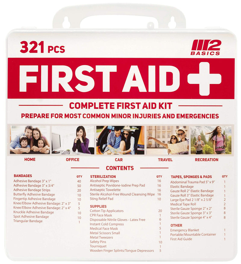 M2 BASICS Complete 321 Piece Emergency First Aid Kit | Business & Home Medical Supplies | Wall Mountable Hard Case | Office, Car, Travel, School, Camping, Hunting, Sports - BeesActive Australia