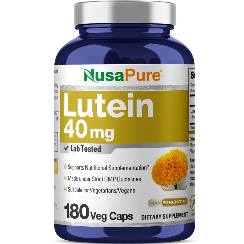 NusaPure Lutein, Non-GMO, Vegan, 40mg, 180 Veggie Capsules - 180 Servings | Carotenoid Formula, Tagetes Erecta, Marigold Flower Extract, Suitable for Adults, Made in cGMP Registered Facility USA