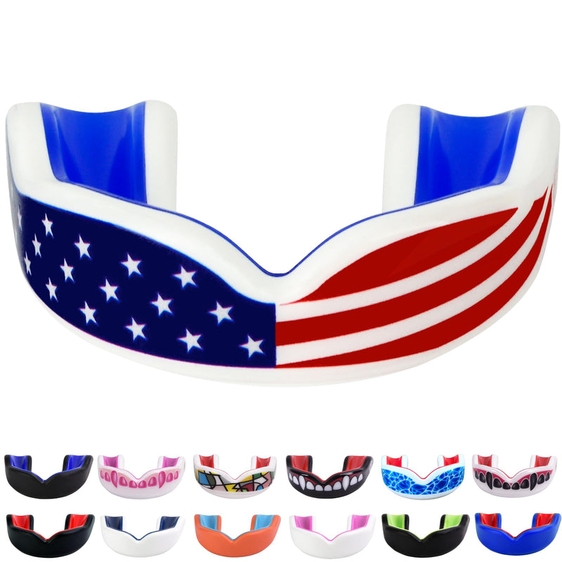 Oral Mart Sports Youth Mouth Guard for Kids (USA Flag & 3 Fangs & 15 Best Colors) | Youth Mouthguard (BPA Free) Football, MMA, Karate, Flag Football, Rugby, Boxing, BJJ, Hockey (/w Vented Case) (Youth, Strapless) Youth (Age 12 & Below) American Flag - BeesActive Australia