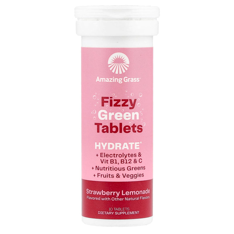 Amazing Grass Electrolyte Tablets, Fizzy Greens, Strawberry Lemonade, 10 Ct | Fizzy Greens Electrolyte Tablets with Vitamins for Hydration, One Serving of Alkalizing Greens per Tablet