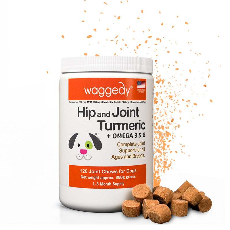 waggedy Hip and Joint Turmeric – Complete Dog Supplements for Joints with Glucosamine, MSM, HA & Omega Fatty Acids — Daily Glucosamine for Dogs to Improve Flexibility & Mobility (120 Dog Chews) Turmeric Hip & Joint 120 Count
