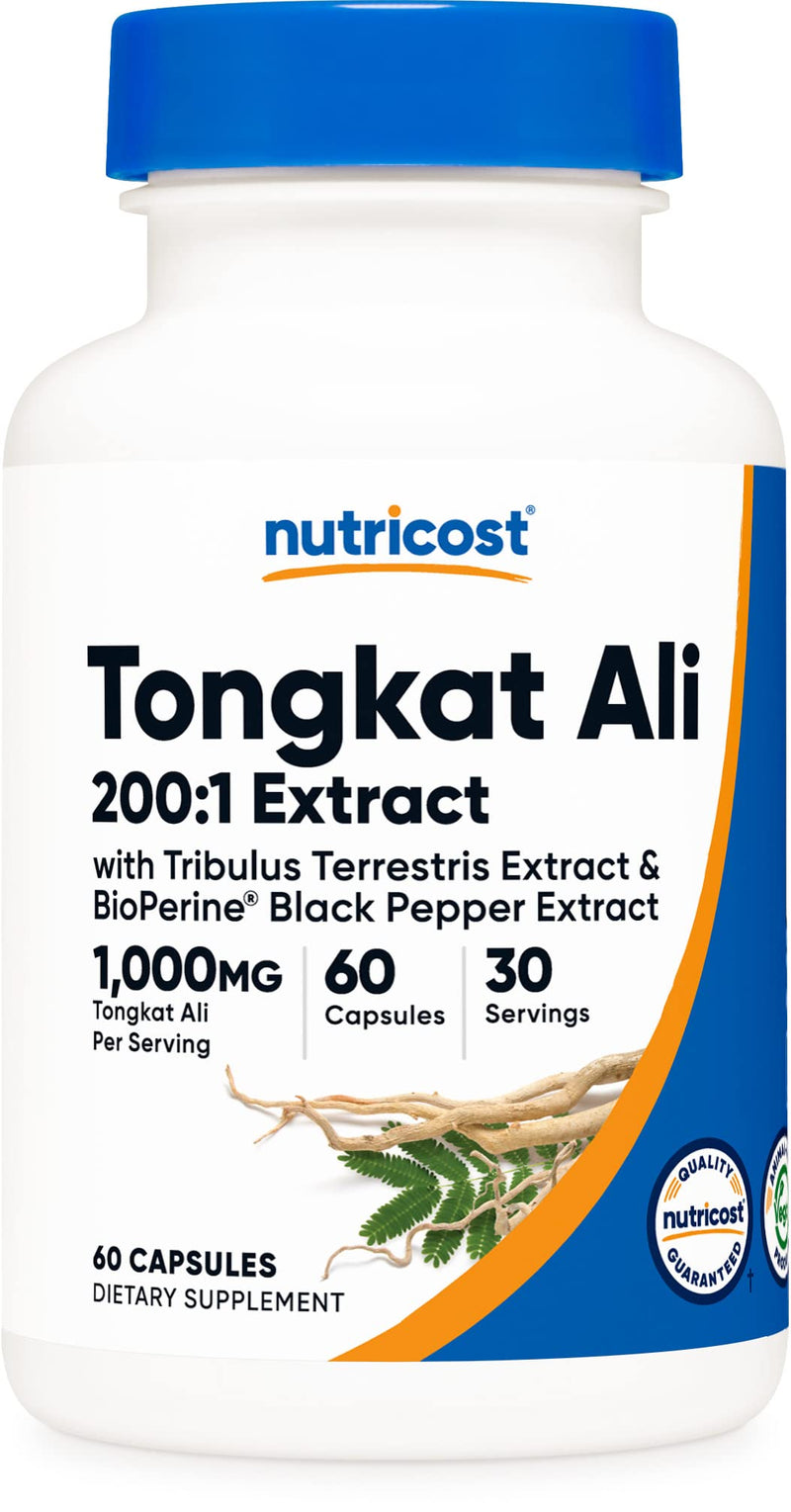Nutricost Tongkat Ali 1,000mg 60 Capsules - with Tribulus Terrestris and BioPerine, Vegetarian Caps, Non-GMO, Gluten Free, Potent Extract 60 Count (Pack of 1) - BeesActive Australia