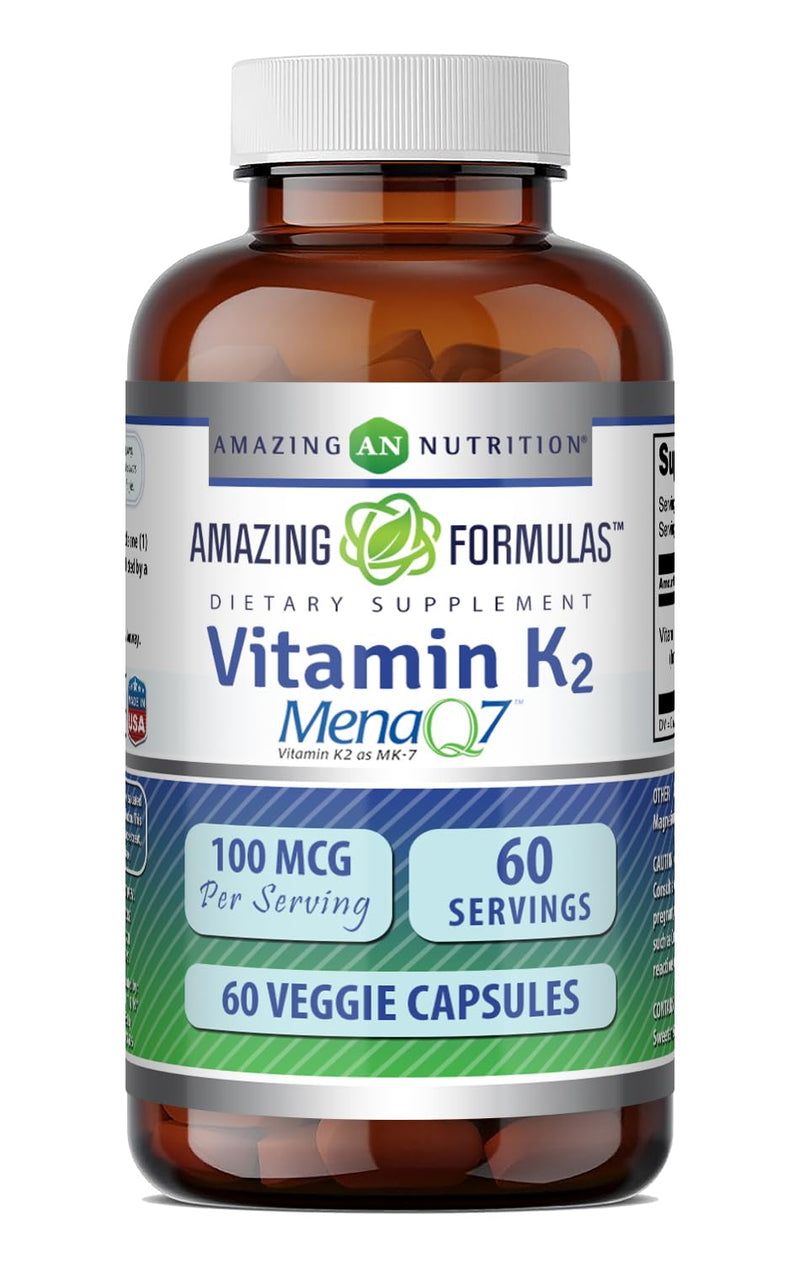Amazing Formulas Vitamin K2 Menaq7 MK7 Supplement | 100 Mcg | Veggie Capsules | Non-GMO | Gluten Free | Made in USA (1 Pack, 60 Count) 60 Count (Pack of 1)