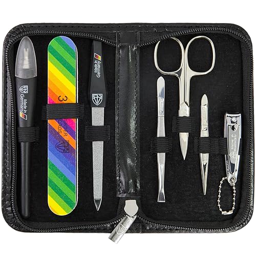 3 Swords Germany - Brand Quality 7-piece Manicure kit with Rainbow Nail Buffer and Many More Tools in Black Artificial Leather case