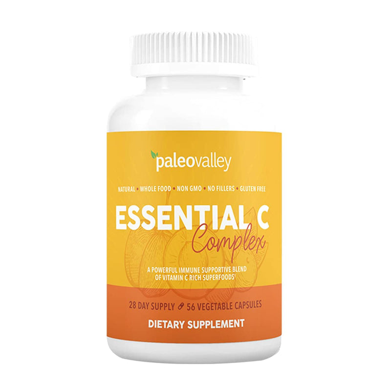 Paleovalley Essential C Complex - Vitamin C Supplement for Immune Support - 1 Pack, 450mg - Organic Superfoods Unripe Acerola Cherry, Camu Camu, Amla Berry - No Synthetic Ascorbic Acid - USA Made 56 Count (Pack of 1) - BeesActive Australia