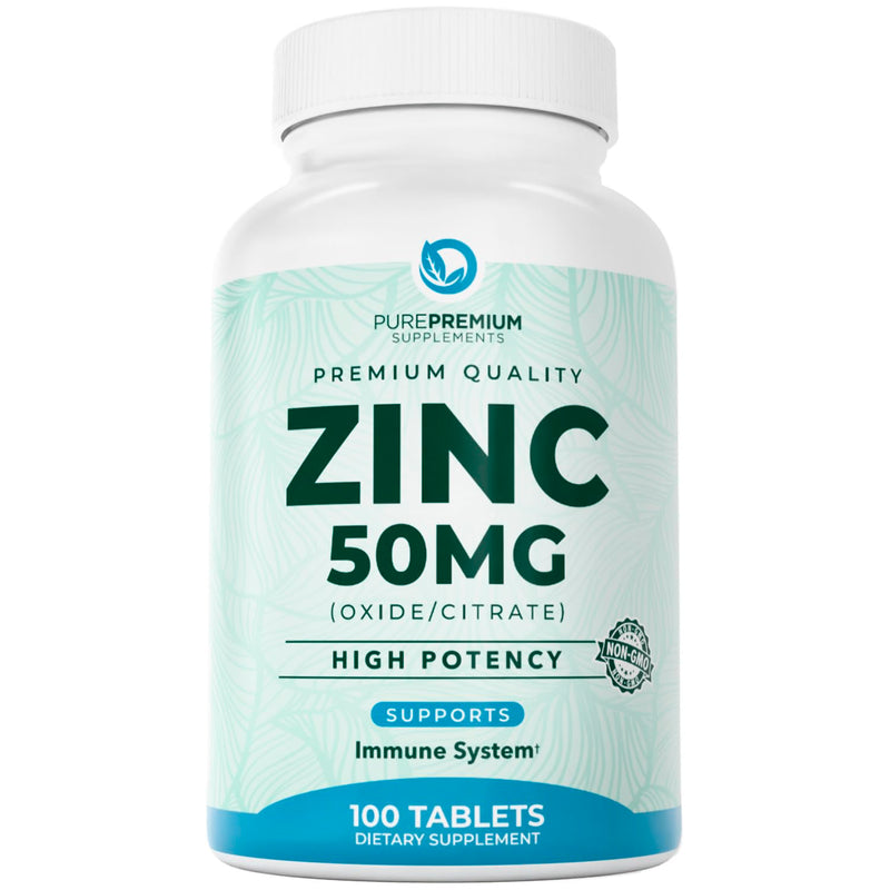 PurePremium Zinc 50mg Supplements for Men/Women - High Potency 100 Tablets | Zinc Citrate / Oxide, Supports Immune System, Antioxidant, Energy Support, Normal Skin & Cognitive Health - Gluten Free 100 Count (Pack of 1)