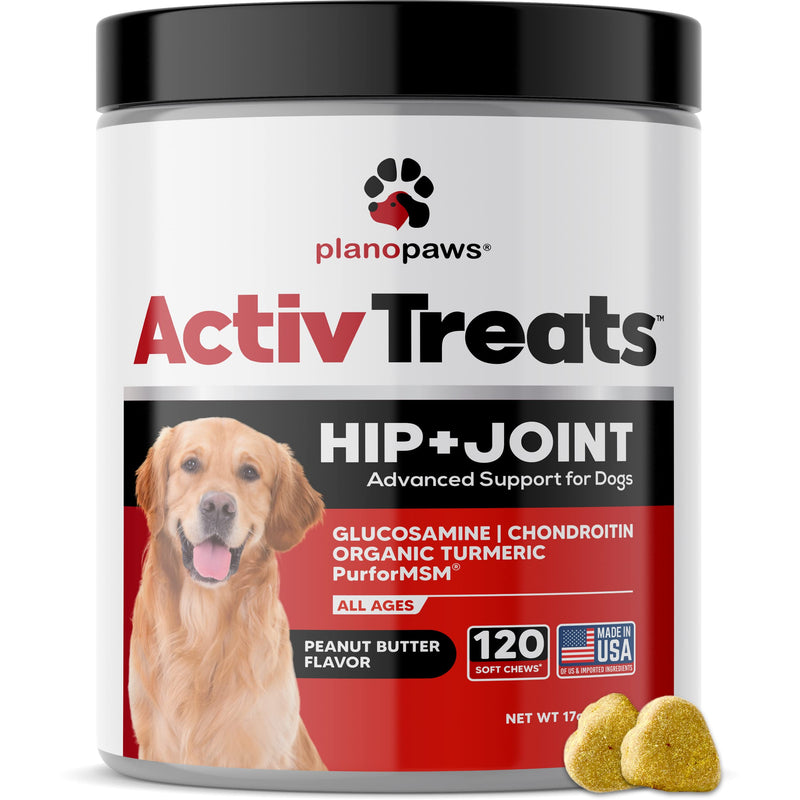 Glucosamine for Dogs Hip and Joint Supplement - Safe Joint Support for Dogs - Dog Joint Supplement with Glucosamine Chondroitin MSM Turmeric for Dogs - 120 Joint Care Chews for Dogs ActivTreats Peanut Butter - PawsPlanet Australia