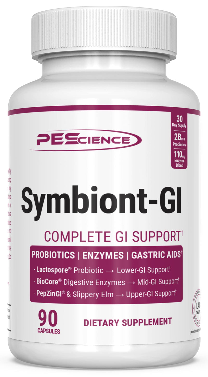 PEScience Symbiont-GI Gut Health Capsules, 90 Capsules, 30 Day Supply | Zinc Carnosine Pepzin GI, Shelf Stable Probiotic, Digestive Enzymes, Slippery Elm Bark