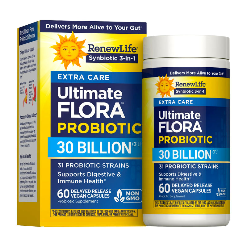 RenewLife Extra Care Ultimate FLORA Probiotic, 60 capsules | 60 Vegetarian Capsules | Supports Digestive, Immune & Respiratory Health | Dairy, Soy and Gluten-Free Supplement 30 Billion CFU 60 Count (Pack of 1)