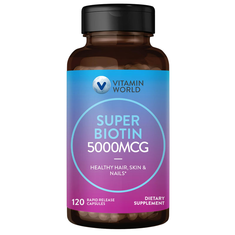 Vitamin World Super Biotin 5000 mcg for Hair, Skin and Nails, 120 Capsules | Biotin Supplement, Gluten Free, 120 Day Supply