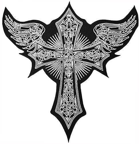 [Large Size] Papapatch Cross with Angel Wings Jacket Vest Costume Biker Motorcycle Embroidered Sew on Iron on Patch (IRON-CROSS-ANGEL-WINGS-LARGE)