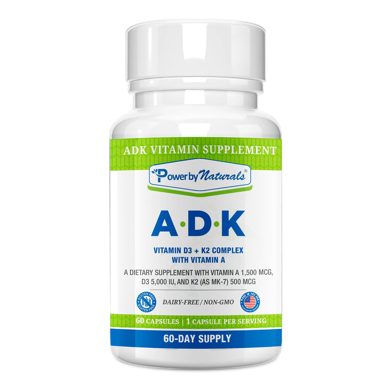Power By Naturals ADK Vitamin Supplement - Vitamins A, D3 & K2 MK-7 | Vitamins D3 5000 IU & K2 MK-7 for Bone Health & Immune Support - Calcium Absorption - Gluten-Free, Soy-Free - 60ct (2-Month) 1