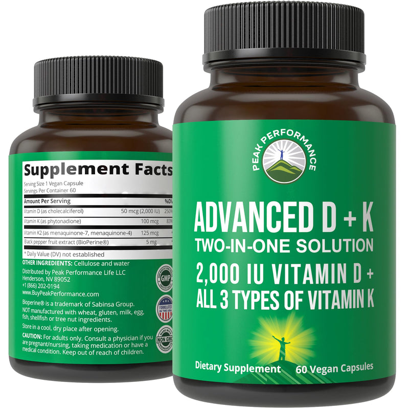 Peak Performance Advanced Vitamin D 2000 IU with All 3 Types of Vitamin K | Vitamin D3 and Vitamin K2, K1, MK-7 (MK7), MK4 Supplements. 60 Small and Easy to Swallow Vegetable Capsules