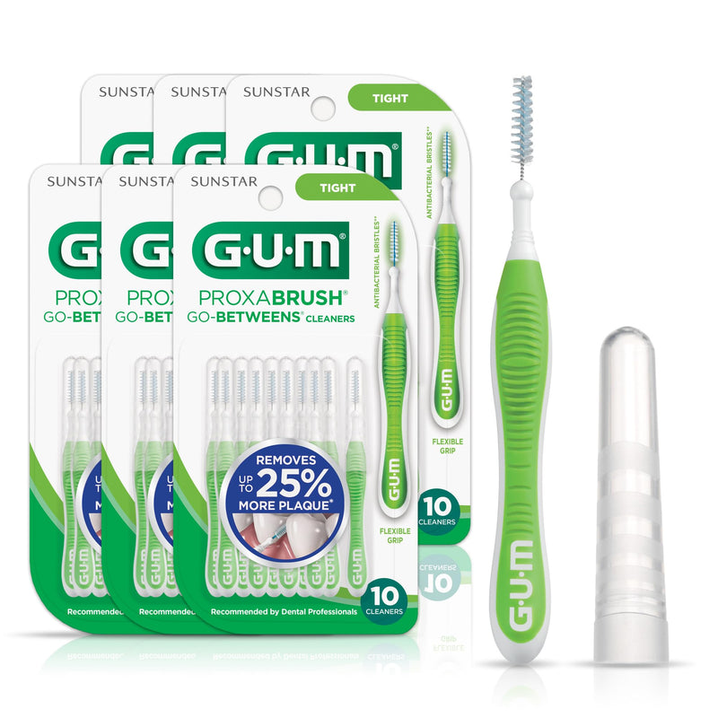 GUM Proxabrush Go-Betweens - Tight - Interdental Brushes - Soft Bristled Dental Picks for Plaque Removal Health - Safe for Braces & Dental Devices, 10ct (Pack of 6) 10 Count (Pack of 6)