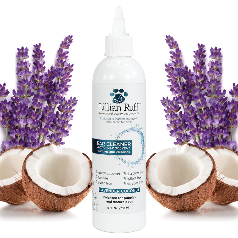 Lillian Ruff Ear Cleaner & Otic Wax Solvent for Dogs with Tea Tree Oil, Bee Propolis & Aloe - Coconut and Lavender Scent - Dissolve Wax and Combat Ear Odors - Safe for Sensitive Ears (4oz) 4oz - PawsPlanet Australia
