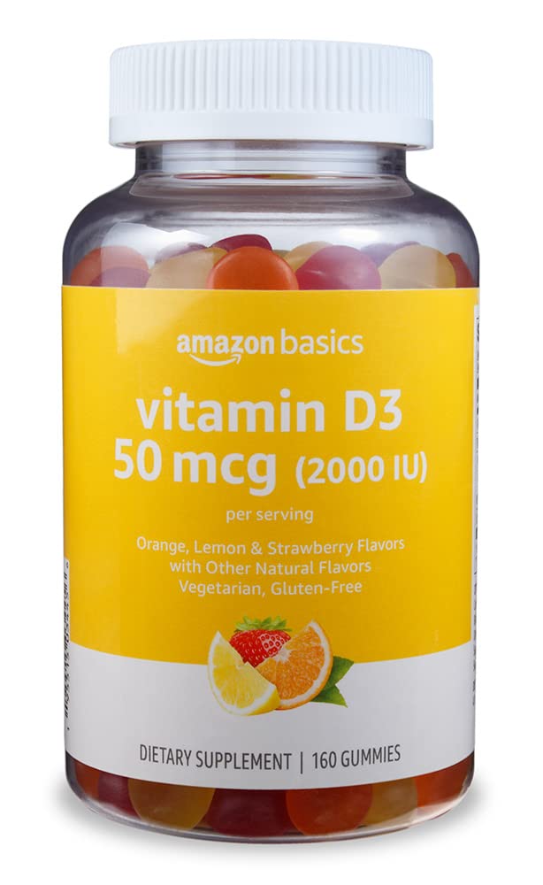 Amazon Basics Vitamin D3 2000 IU Gummies, Orange, Lemon & Strawberry, 160 Count (2 per Serving) (Previously Solimo) 160 Count (Pack of 1) - BeesActive Australia