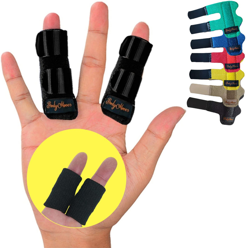 BodyMoves 2 Finger Splints plus 2 sleeves for Trigger Mallet Broken Finger brace joint support for men and women- ideal for seniors (4 pc set, Midnight Black) 4 Count (Pack of 1)