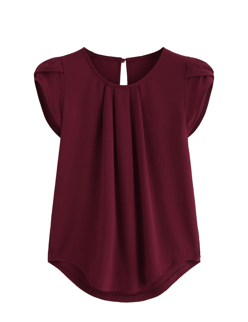 Milumia Women's Casual Round Neck Basic Pleated Top Cap Sleeve Curved Keyhole Back Blouse Large Burgundy - BeesActive Australia