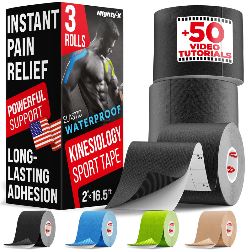 Waterproof Kinesiology Tape - [3 Rolls] - Kinetic Tape - Joints Support & Muscle Pain Relief - 16.4 ft Uncut Knee Tape + 50 Videos - Muscle Tape - Easy to Apply Shoulder Tape Black