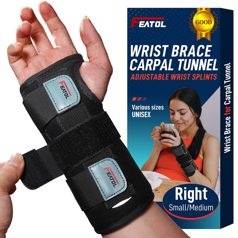 FEATOL Wrist Brace for Carpal Tunnel, Adjustable Night Wrist Support Brace with Splints Right Hand, Small/Medium, Hand Support for Arthritis, Tendonitis, Sprain, Injuries, Wrist Pain Small/Medium (Pack of 1) Right Hand -Black - BeesActive Australia