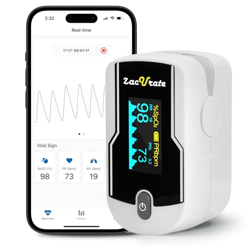 Zacurate 500E-B Wireless Bluetooth Fingertip Blood Pulse Oximeter Monitor with FREE App, SpO2, Heart Rate, Plethysmograph, and Perfusion Index Finger Oxygen Sensor Meter