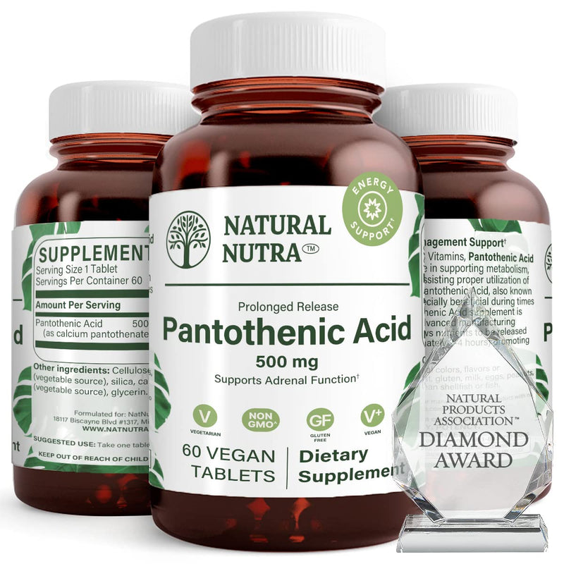 Natural Nutra Time Release Pantothenic Acid 500 mg, 60 Vegetarian Tablets | Vitamin B5 Supplement Helps Break Down Fat & Carbohydrates, Metabolism & Energy, Improve Muscle Health, Reduce Skin Spots 60 Count (Pack of 1)