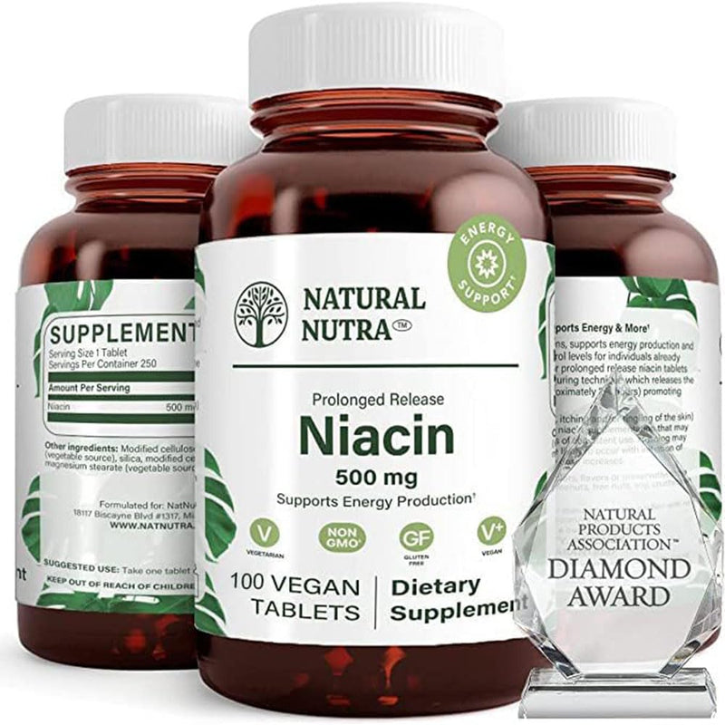 Natural Nutra Time-Release Slow Niacin 500mg Vitamin B3 100 Vegan Tablets | Supports Healthy Cholesterol, Promotes Cardiovascular Health, Promotes Skin Cells, Improves Cognitive Function 100 Count (Pack of 1)