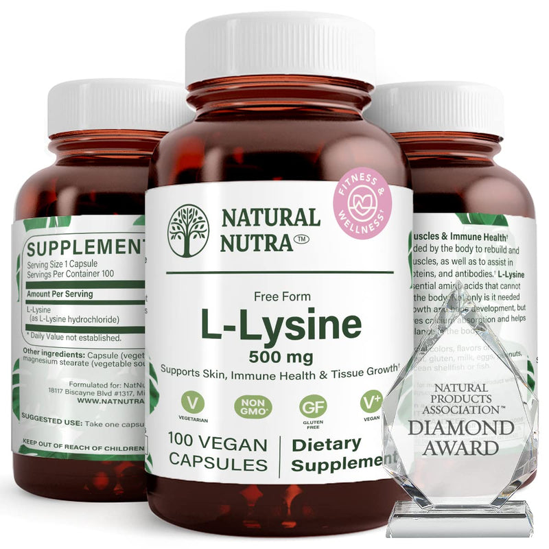 Natural Nutra L Lysine HCl Supplement, Vegan, 500 mg, 100 Capsules | Promotes Bone Health & Growth, Supports Skin Health, Improves Vitamin C Absorption, Improves Calcium Absorption, Non-GMO 100 Count (Pack of 1)