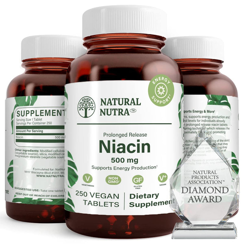 Natural Nutra Time-Release Slow Niacin 500mg Vitamin B3 250 Vegan Tablets | Supports Healthy Cholesterol, Promotes Cardiovascular Health, Promotes Skin Cells, Improves Cognitive Function 250 Count (Pack of 1)