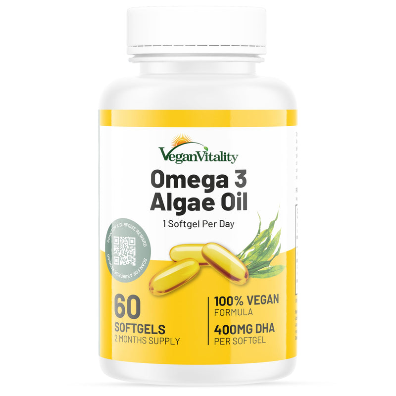 Vegan Vitality Vegan Omega 3 Supplement - 60 Plant Based Algae Oil Soft Gels Essential Fatty Acids with Vegan DHA for Joint, Heart & Immune Support Without EPA 1 Count (Pack of 1)