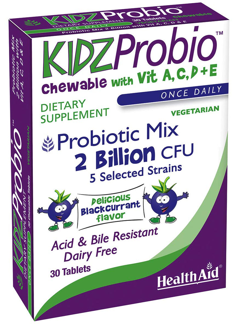 HealthAid KidzProbio Chewable Probiotic for Kids – 2 Billion CFU, 5 Strains + Prebiotic & Vitamins A, C, D & E – Supports Digestive & Immune Health – Blackcurrant Flavor, 30 Daily Tablets*