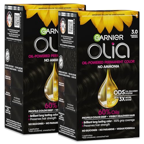Garnier Olia Hair Color, Ammonia-Free Permanent Hair Dye, Oil-Powered Formula for 100% Gray Coverage and 3x Shinier Hair, Vegan & Cruelty Free, 3.0 Darkest Brown, 2 Count 1 Count (Pack of 2)