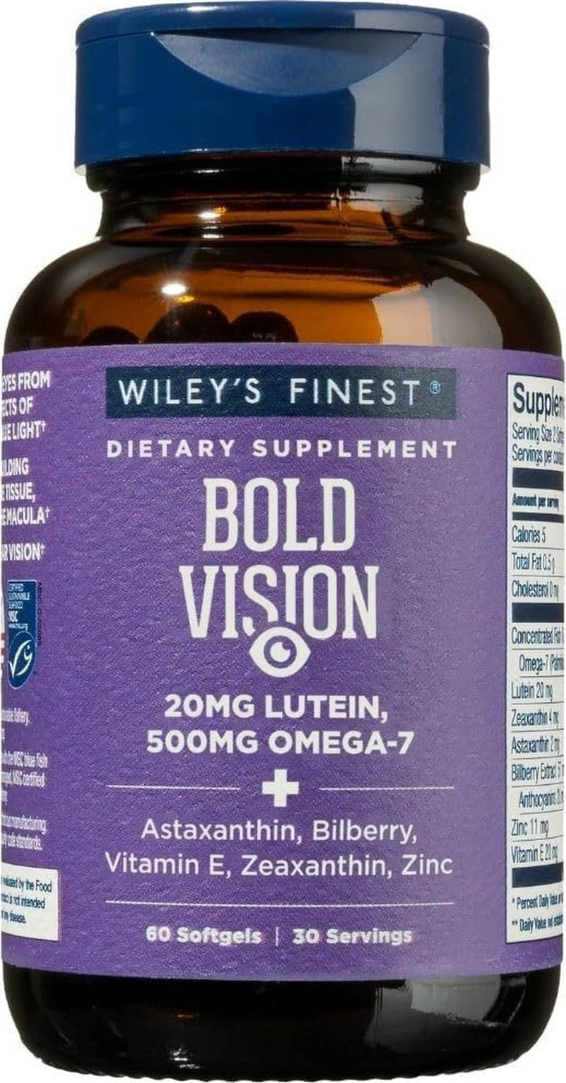 Wiley's Finest Wild Alaskan Fish Oil Bold Vision, 60 Softgels | Support Eye Health, Contains Astaxanthin, Zeaxanthin, Bilberry, Vitamin E and Zinc, 200 mg Lutein, 500 mg Omega-7