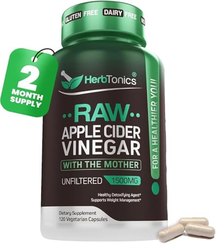 Herbtonics Raw Apple Cider Vinegar 1500mg with Mother, 120 Capsules 120 Count (Pack of 1)
