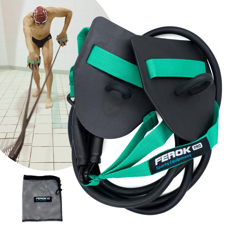 Swimming Resistance Band with Hand Paddles, Stretch Cord, Fitness Bands for Swimming, Training Equipment, Arm Strength Exercise, Powercord - Including Exercises - Medium Green