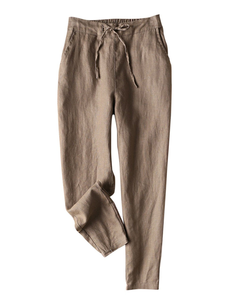 IXIMO Women's Tapered Pants 100% Linen Drawstring Back Elastic Waist Ankle Length Pants Dark Khaki Medium - BeesActive Australia