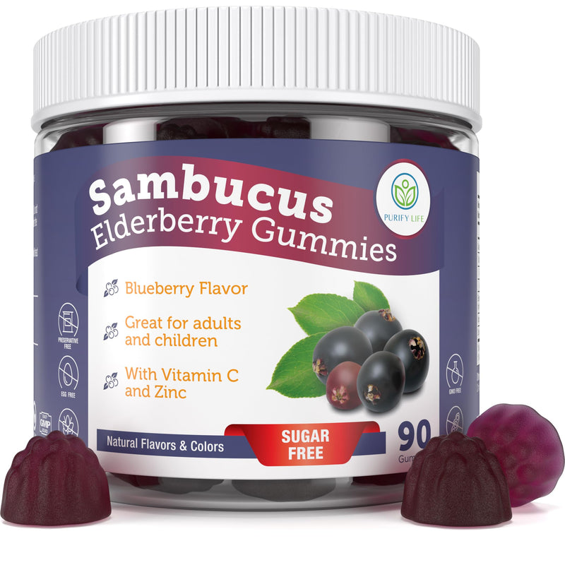 Sugar-Free Elderberry Gummies with Vitamin C & Zinc for Adults & Kids, 90ct | Immune support supplement for respiratory health, sambucus elderberry antioxidant gummies - vegan, non-GMO, made in USA Elderberry 90ct