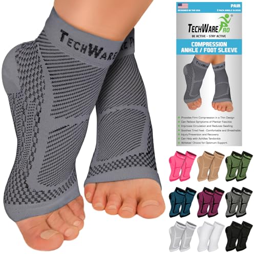 TechWare Pro Ankle Brace Compression Sleeve - Plantar Fasciitis Sock. Relieves Achilles Tendonitis. Foot Arch Support Reduces Joint Pain, Swelling & Heel Spur Pain. Injury Recovery Braces for Sports Gray L / XL (see size chart)